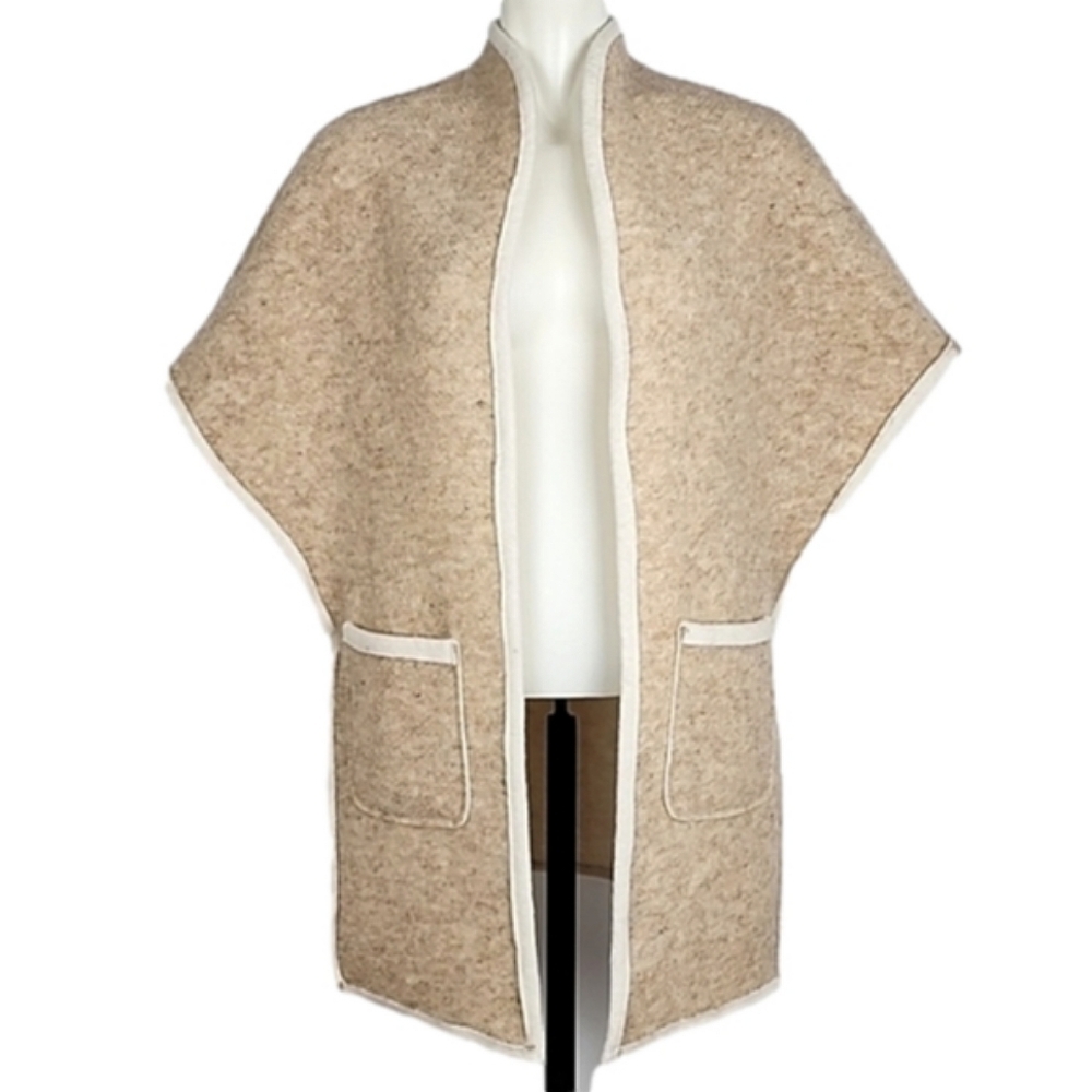 NWT Alessandra C Women's Open Front  Poncho Cardigan Wool Blend Ivory Taupe S/M